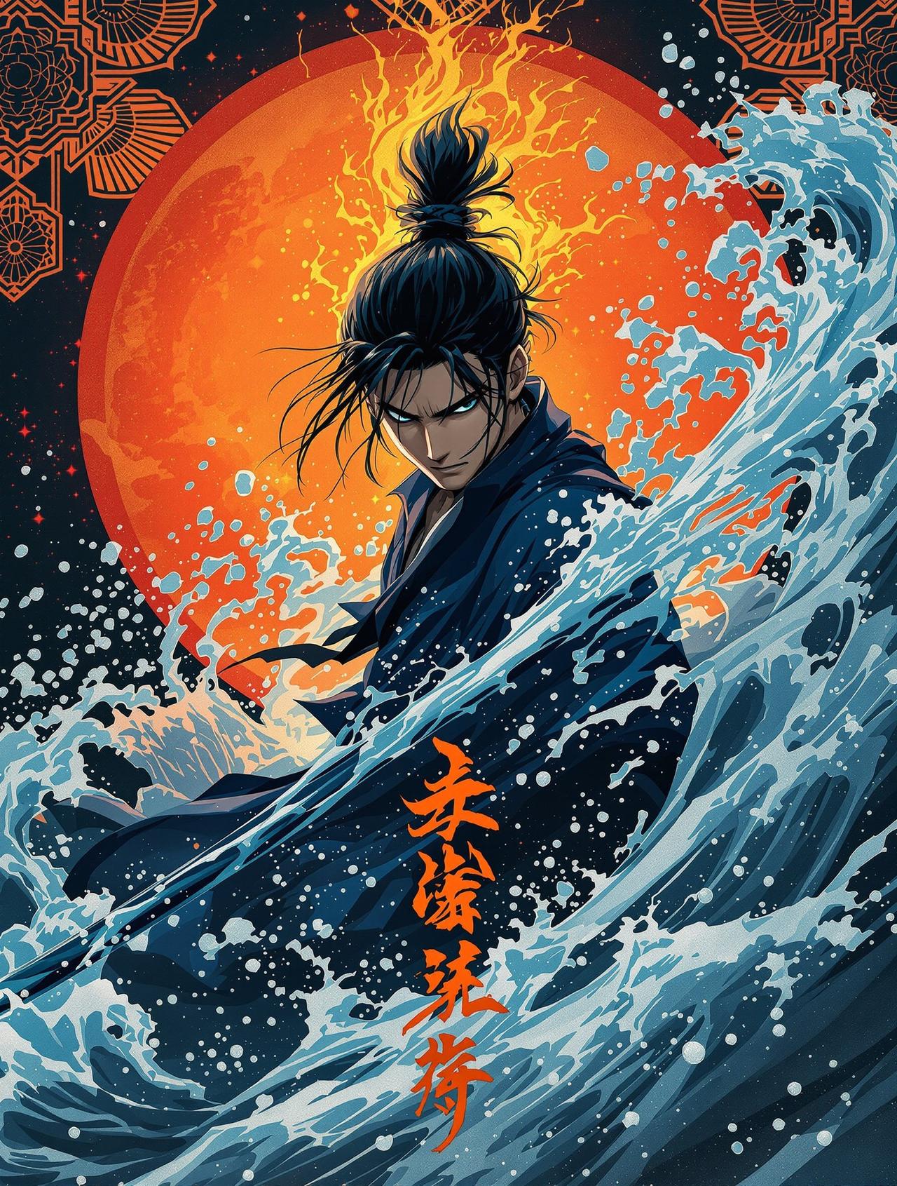鬼灭之刃漫画封面 - 炭治郎持日轮刀与水之呼吸特效
